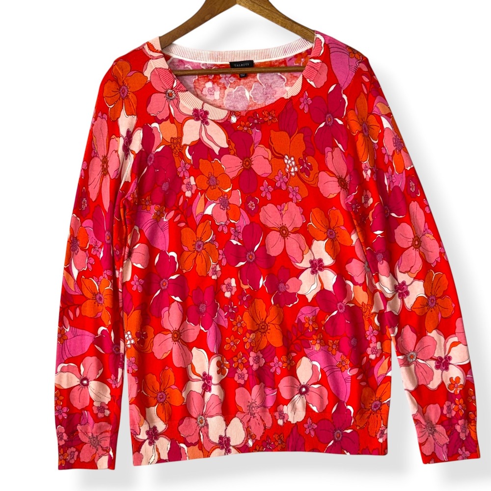 Talbots M Floral Sweater M Red Pink‎ Orange Retro Mod Crew Neck Pullover Floral